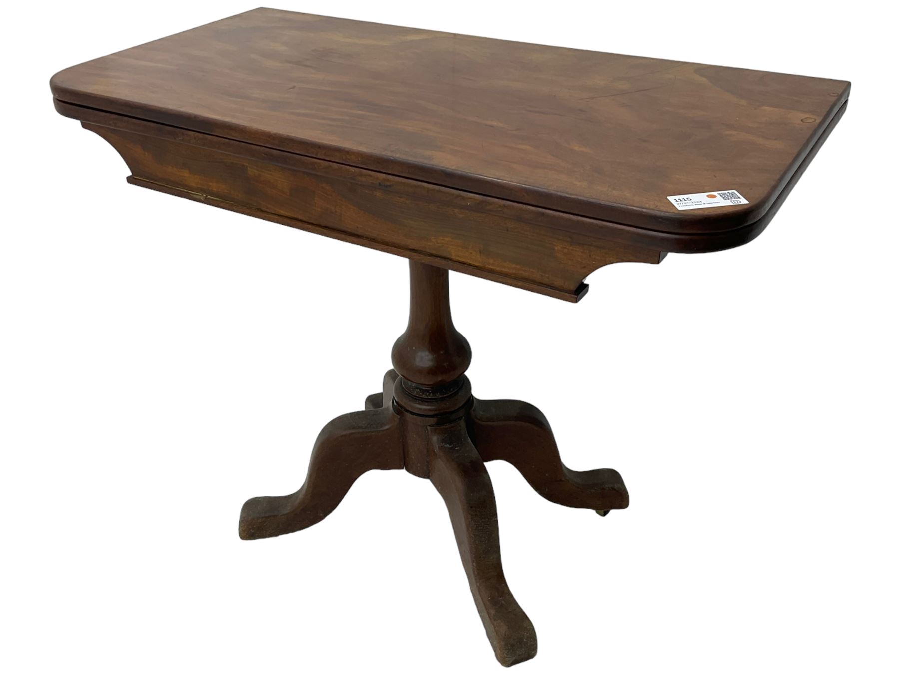 19th century mahogany table, fold-over rectangular with rounded corners, on turned vasiform column, on quadruple out splayed supports