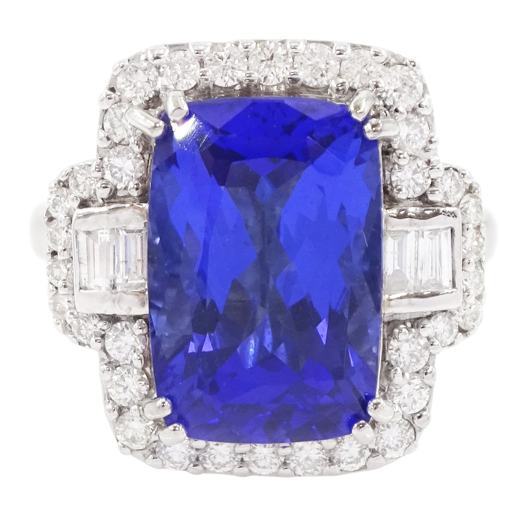 18ct white gold tanzanite, baguette and round brilliant cut diamond cluster ring, stamped 750, tanzanite approx 6.15 carat, total diamond weight approx 0.65 carat