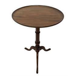 George III mahogany tripod table, circular moulded dished tilt-top, ring turned stem on three splayed supports 