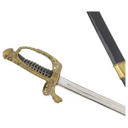 Reproduction 1870s French naval officers sword, with slightly curved single edge blade, brass hilt with dolphin quillon and anchor amidst a pierced floral hilt, wire bound grip, in brass mounted leather scabbard, overall L84cm