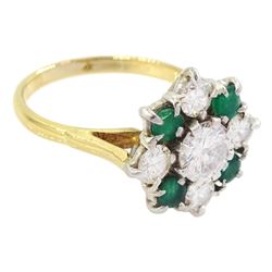 18ct gold emerald and diamond cluster ring, the central round brilliant cut diamond of approx 0.80 carat, with four stone round cut emerald and four stone round brilliant cut diamond surround, Sheffield 1977, total diamond weight approx 1.70 carat