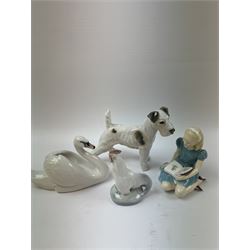 Three Royal Copenhagen figures, Terrier No1998, Swan No755, and Cockerel No1126, together with a Royal Worcester figure, Alice HN2158