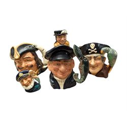 Royal Doulton Sir Francis Drake toby jug and four Royal Doulton maritime themed character jugs, including Lobster Man and Old Salt