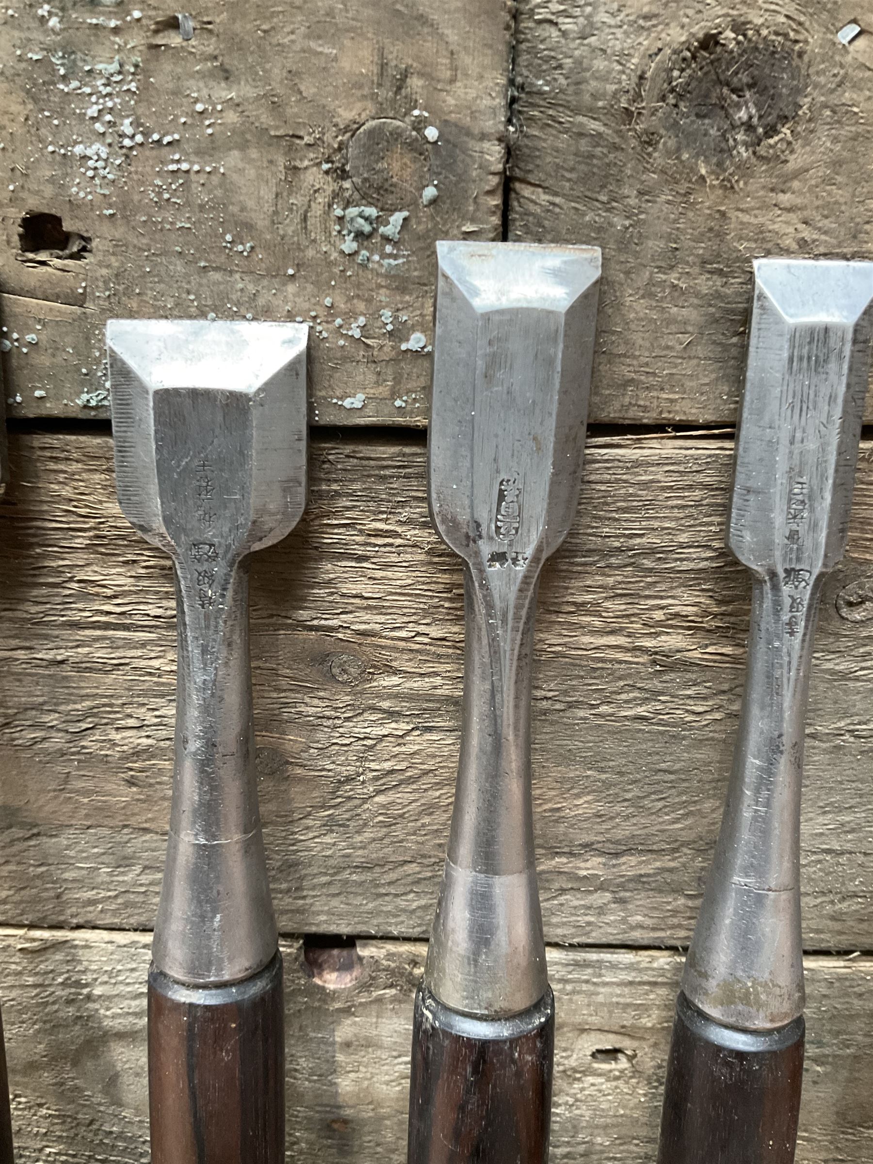 Set of eight Japanese handmade carpenters chisels with rosewood handles, stamped blades - THIS LOT IS TO BE COLLECTED BY APPOINTMENT FROM DUGGLEBY STORAGE, GREAT HILL, EASTFIELD, SCARBOROUGH, YO11 3TX