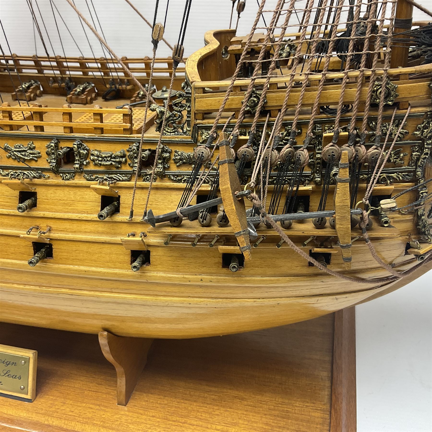 Large kit built scale model of 17th century Royal Navy warship 'HMS Sovereign of the Seas', upon wooden stand with engraved name plaque, H91cm, W111cm