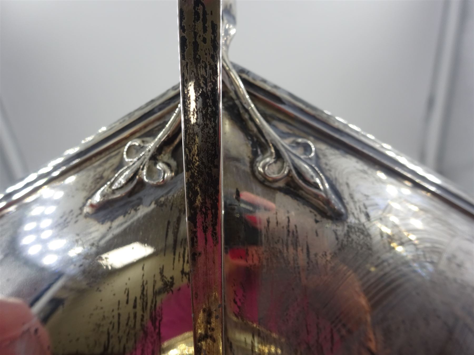 Early 20th century twin handled pedestal dish, of hexagonal form, with Art Nouveau inspired foliate mounted handles, upon a domed hexagonal foot, hallmarked Walker & Hall, Sheffield 1919, including handles H16.5cm