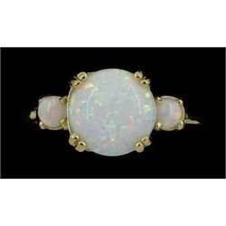 Silver-gilt three stone opal ring, stamped 925