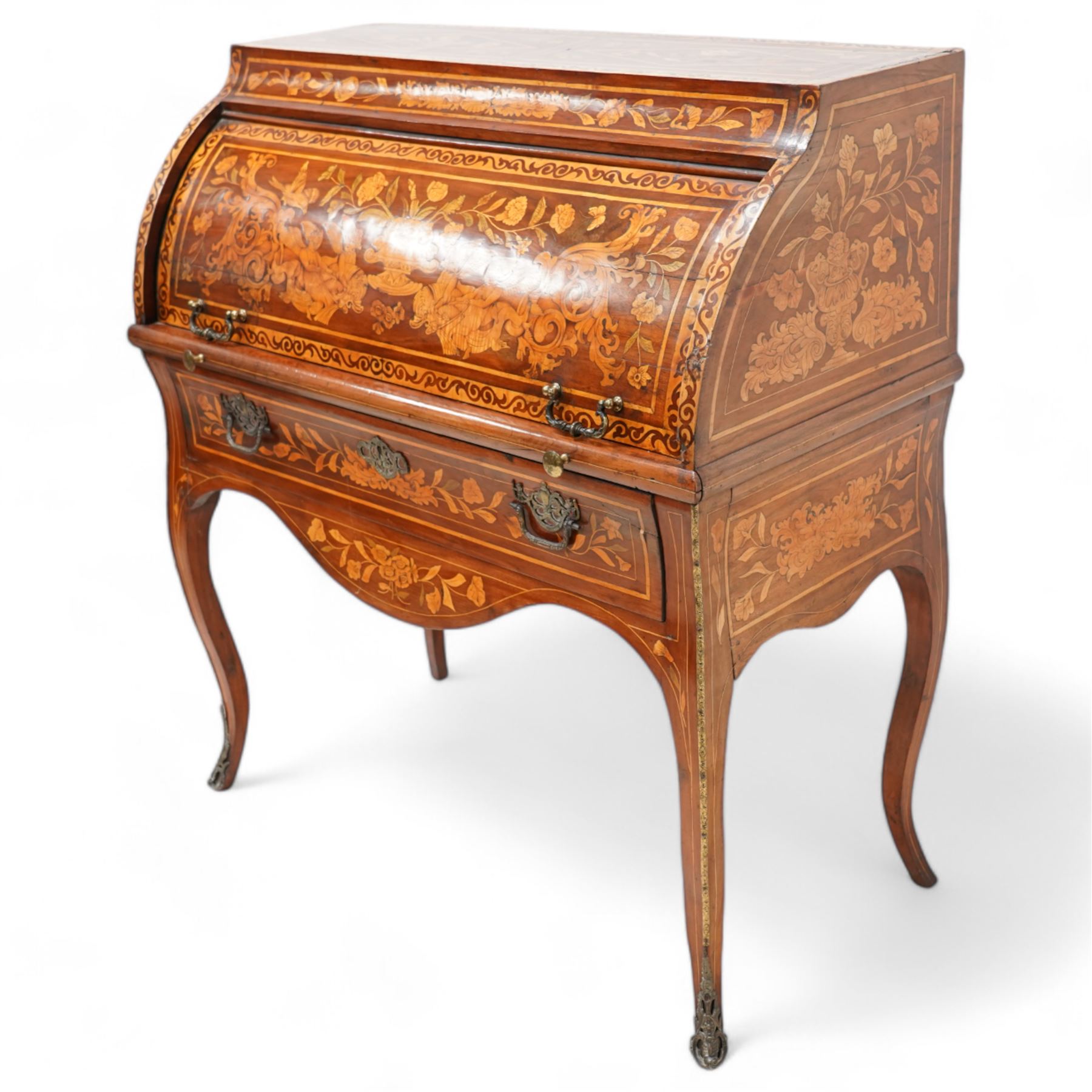 19th century Dutch marquetry cylinder bureau or desk, the cylinder roll inlaid with scrolling acanthus leaves and putti riding dolphins, hook scrolling border, the interior fitted with small drawers, pigeon holes and retractable writing surface, single drawer below inlaid with trailing foliate branches, on cabriole supports with gilt metal mounts