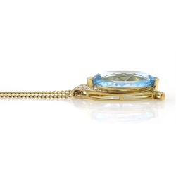 9ct gold marquise cut sky blue topaz and round brilliant cut diamond pendant necklace, hallmarked, topaz approx 7.35 carat