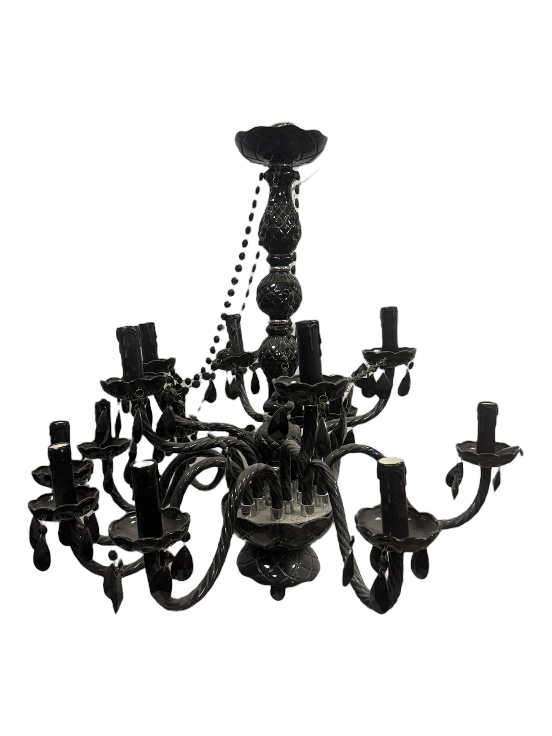 Two classical black glass fourteen branch chandeliers