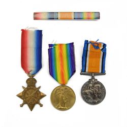 WWI trio of medals, comprising Victory Medal, 1914-15 Star and British War medal, awarded ...