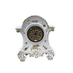 German-Porcelain 8-day spring driven timepiece mantle clock with cherub transfer decoratio...