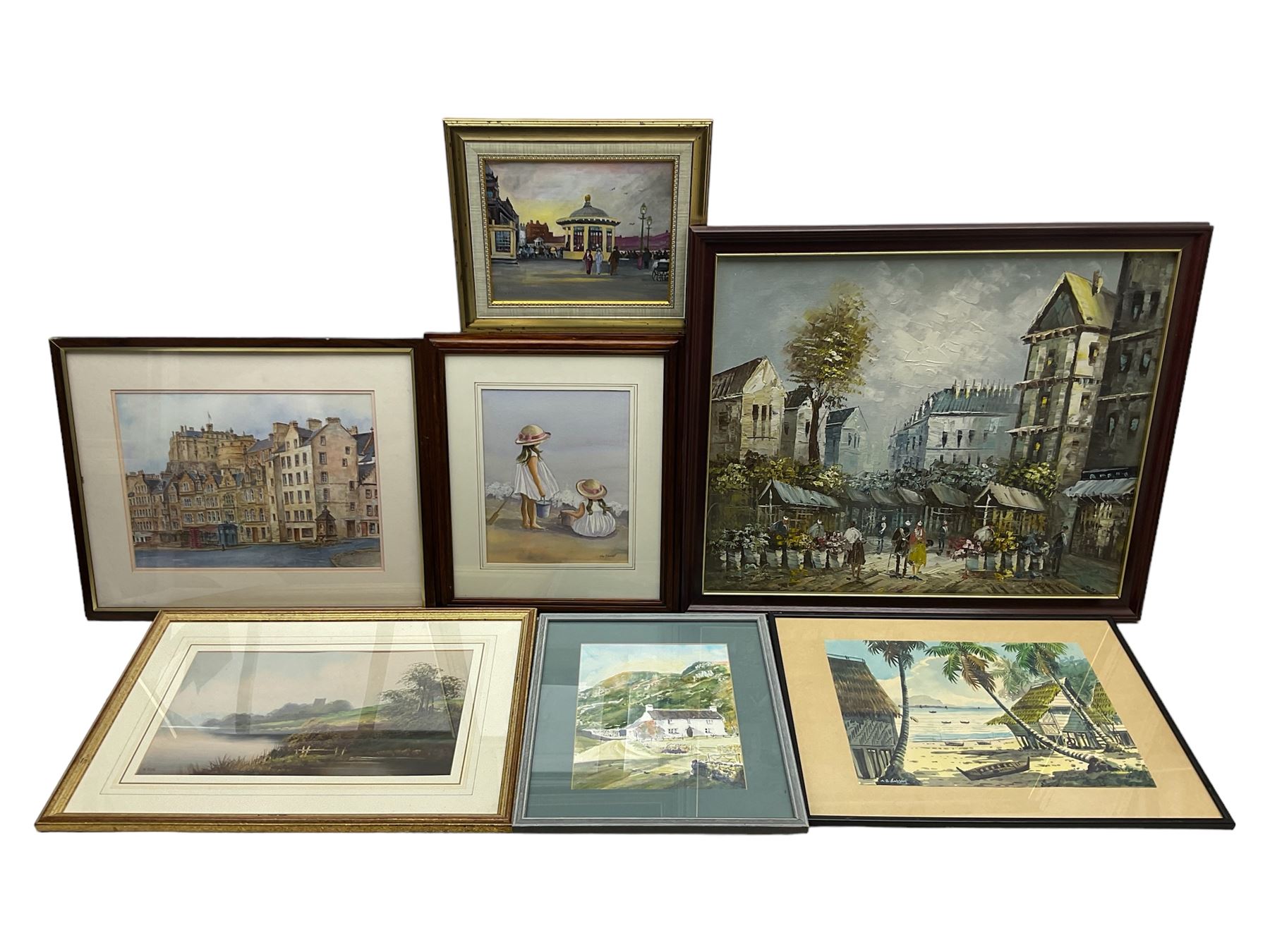 Parisian Street Scene, oil on canvas; A B Hassan: Malaysian Beach Huts, watercolour; H Bool: Landscape, oil on board; together with three contemporary paintings and a print (7)