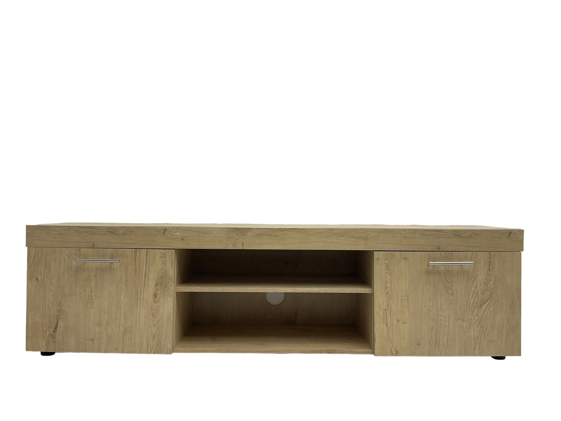 Light oak finish television stand, fitted with two cupboards and central shelf