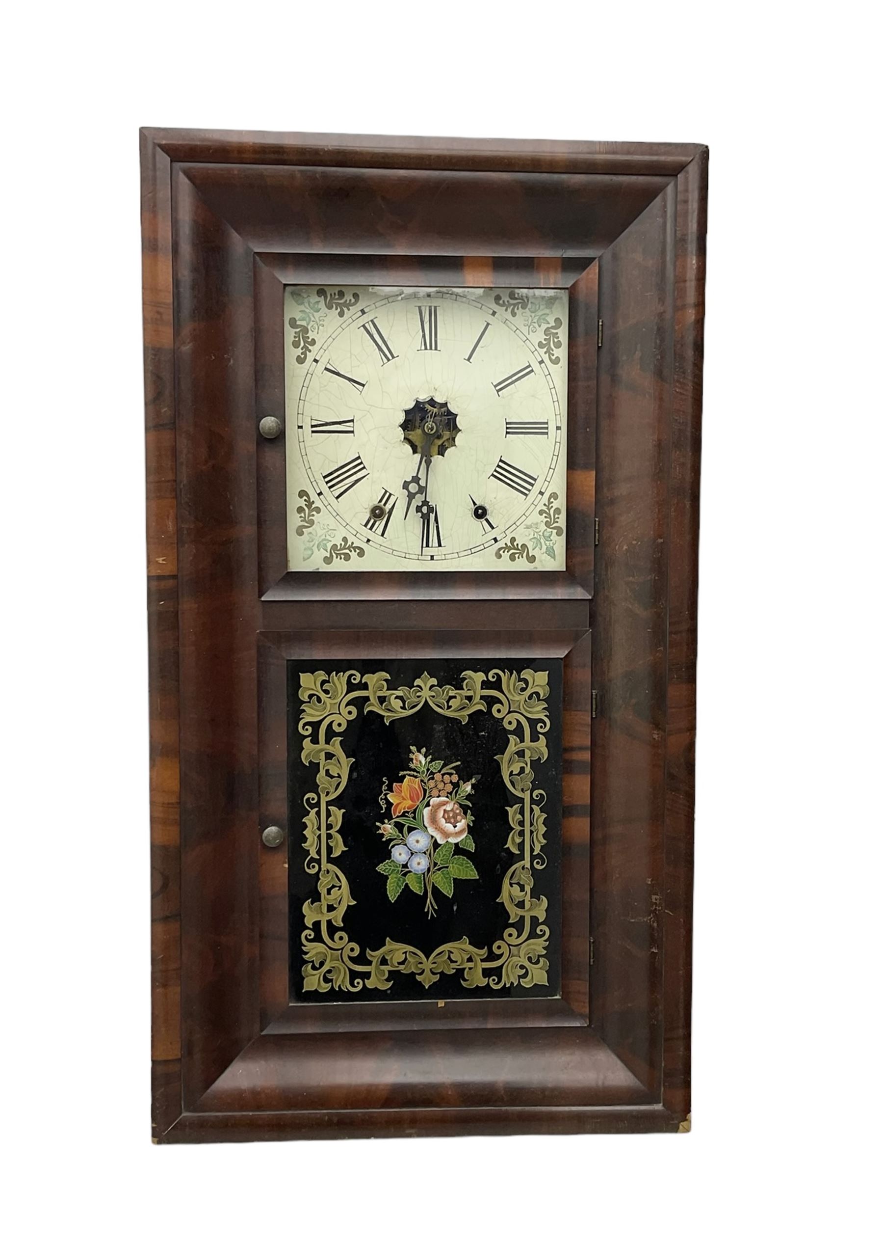 American - 19th century mahogany veneered 8-day ogee shelf clock, rectangular case with two glazed doors to the front, decorative glass tablet to the lower door with a depiction of flowers on a black background with a gold border, painted dial with Roman numerals, minute track, floral spandrels and Maltese cross steel hands, two train weight driven movement, striking the hours on a coiled gong. With the original Jerome trade label pasted on the inner back board of the case.