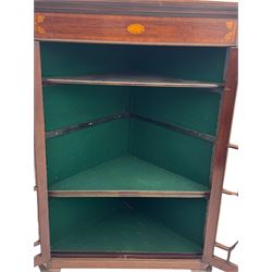 Edwardian mahogany corner cabinet, projecting cornice over inlaid frieze, two astragal glazed doors enclosing shelved interior, on cabriole supports