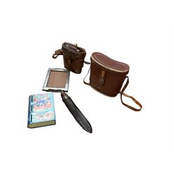 Two pairs of binoculars, silver mounded photograph frame, two knives, and Happy Days tin money box