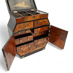 19th/ early 20th century Japanese parquetry and lacquer table cabinet, the brass mounted double doors  inlaid in mother-of-pearl, with a scene of a bird amongst branches, against a black lacquer ground, opening to an arrangement of six drawers, the top with hinged cover, and three further drawers, H36cm, D14cm, W29cm