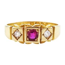 Victorian 18ct gold gypsy set, three stone ruby and old cut diamond ring, Chester 1897