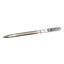 Modern silver letter opener, of plain form with decorative hallmark to handle, hallmarked Albert Edward Jones, Birmingham 1997, boxed