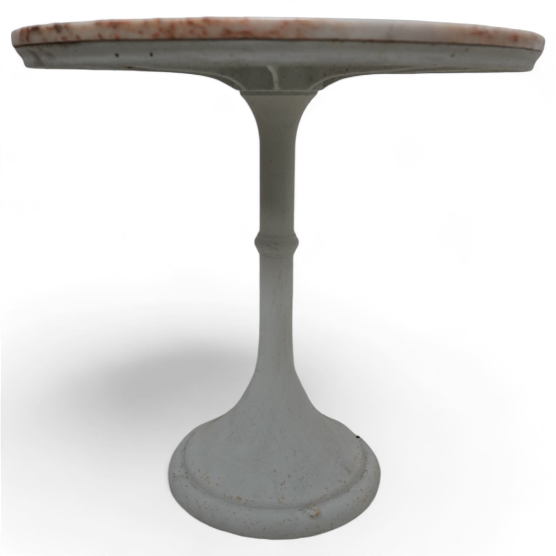 Mid-to-late 20th century marble and painted cast iron tulip table, circular white and pink marble top over a white painted pedestal