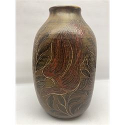 John Egerton (c1945-): studio pottery stoneware vase decorated with red birds in foliage, upon a brown ground, H34cm