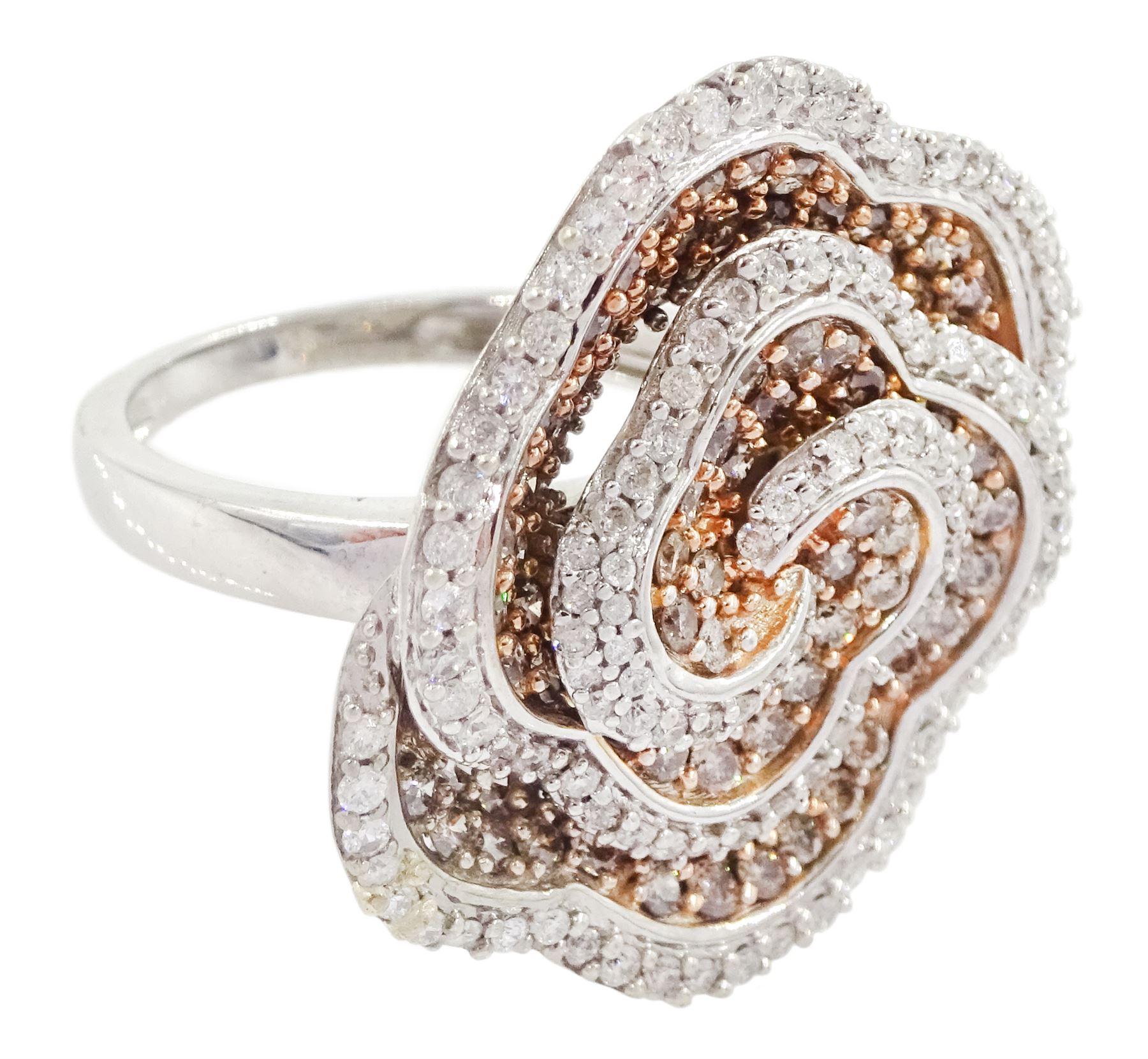 White gold round brilliant cut white and fancy light brown colour diamond rose swirl ring, hallmarked 9ct, total diamond weight approx 1.50 carat