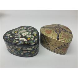 Nine lacquered boxes, including seven heart shaped examples, mainly decorated with floral designs, largest H12cm