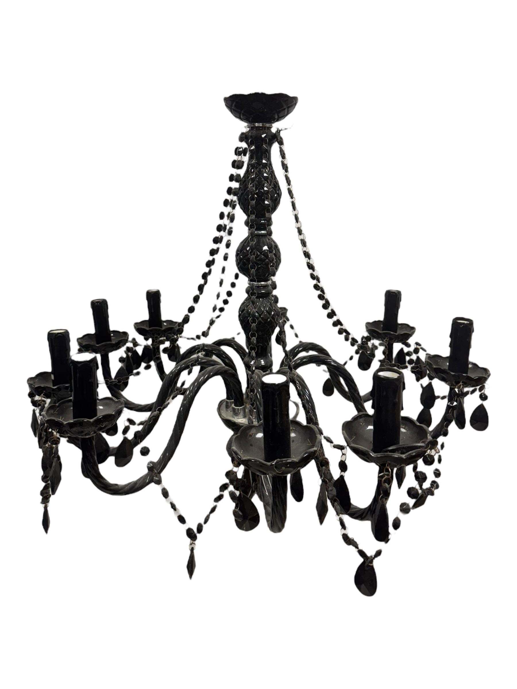 Two classical black glass fourteen branch chandeliers