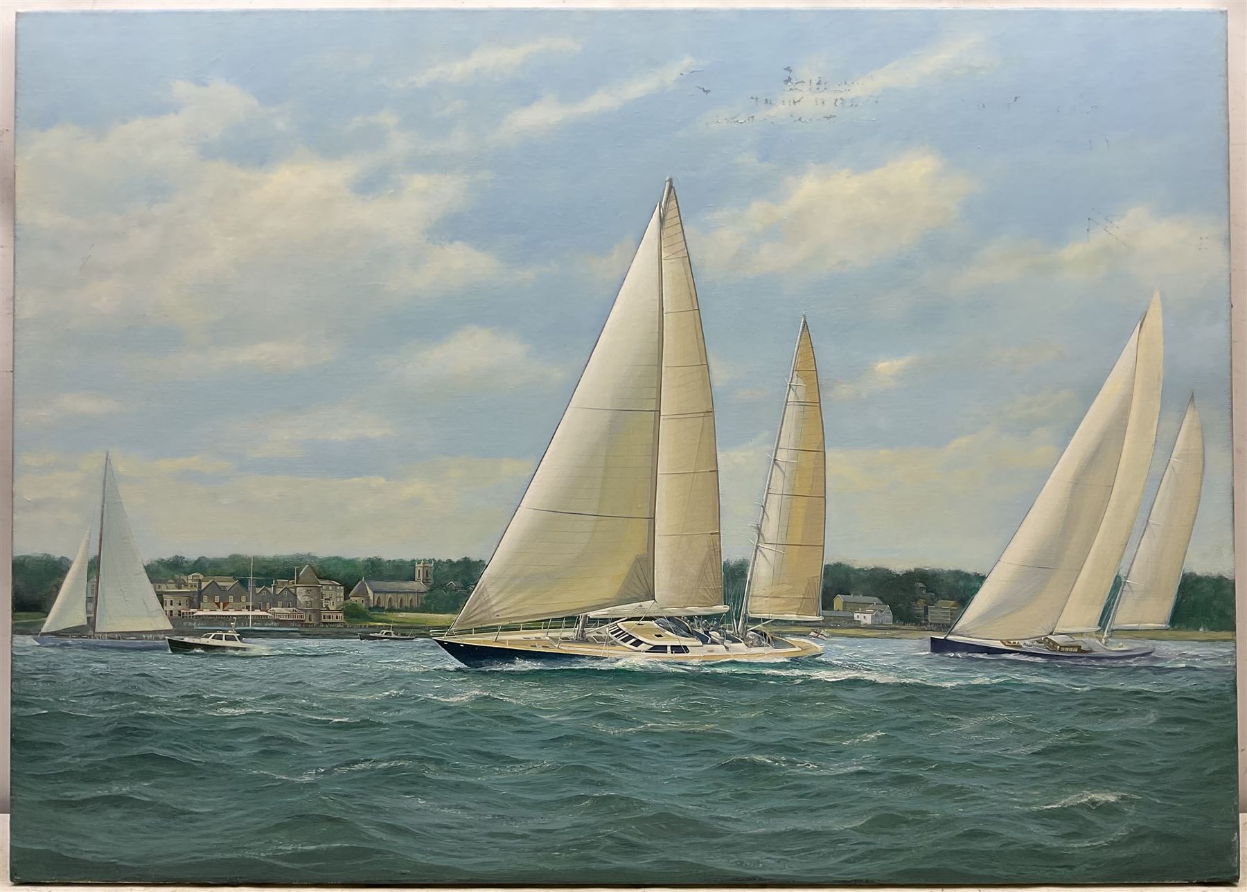 Brian Mays (British 1938-2005): Racing Yacht 'Charlatan' passing the British Yacht Squadron Building, oil on canvas, signed and titled verso 76cm x 107cm (unframed) 
Provenance: direct from the family of the artist