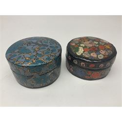 Twelve lacquered boxes, to include square and oval examples, with floral decorations, tallest H5cm