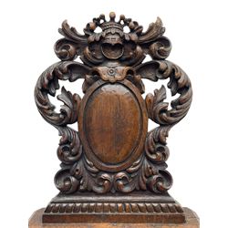 19th century oak hall chair, shaped and pierced back carved with crown cresting over curled and scrolled acanthus leaves, tapered rectangular seat with foliate carved corners and fluted chamfered edge, on turned and lobe carved splayed supports 