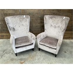 4 x Wing back armchair upholstered in silver crushed velvet fabric