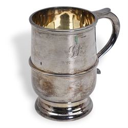 Silver christening mug with loop handle and engraved with initials H13cm Sheffield 1996 Makers mark RAL