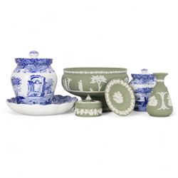 Wedgwood Jasperware stepped bowl, together with covered trinket box, vase and trinket dish, together with two Spode Italian pattern jars and dish