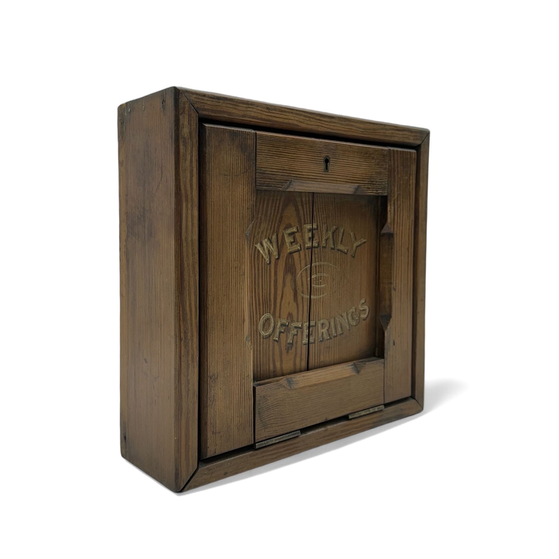 Oak collection box, the painted lettering 'weekly offerings' to the hinged front, with key, H31cm