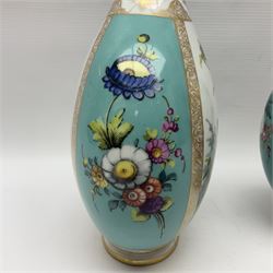 Pair of late 19th century Helena Wolfsohn vases and covers, each of compressed bottle form with tall neck, painted with alternating panels of romantic scenes and floral sprays upon turquoise ground between gilt borders, with Augustus Rex mark to base, H35cm