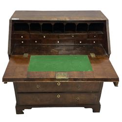 18th century walnut bureau, crossbanded and feather-banded rectangular top and fall-front, enclosing fitted interior with pigeonholes and correspondence drawers with bone handles, over two short and three long graduating drawers with moulded facias and original brass handles, on bracket feet