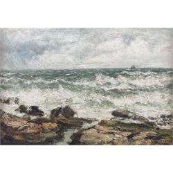 John Falconar Slater (British 1857-1937): Waves Breaking with a Steamer in the Distance, mixed media signed 54cm x 79cm