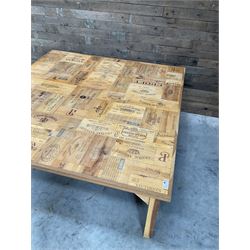 Square centre dining centre table, parquetry wine crate top with oak edging, on beech legs