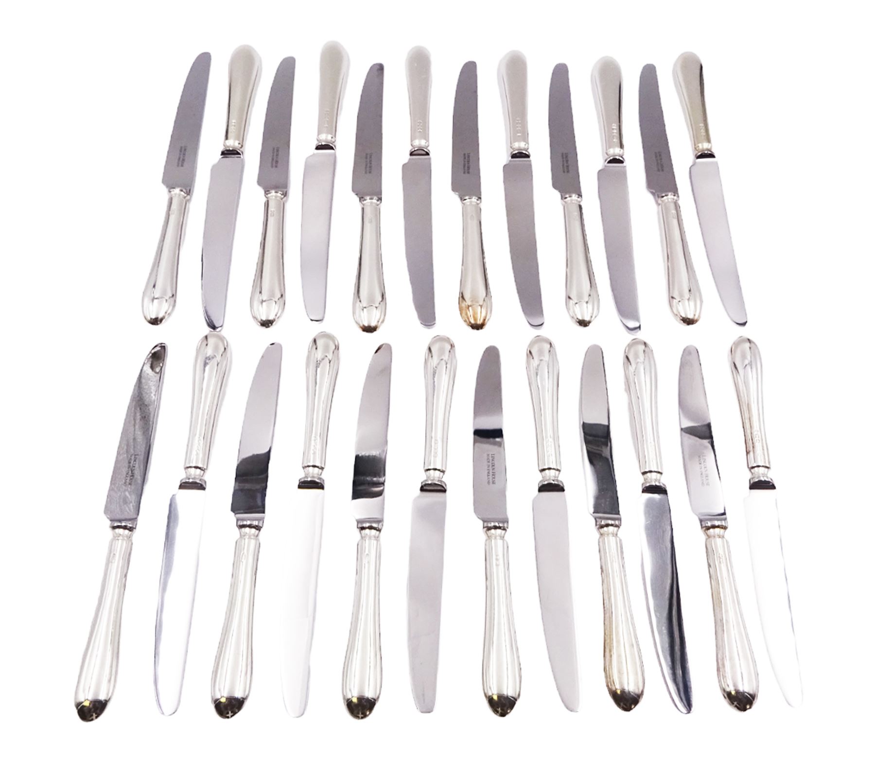 Set of twenty-four modern silver handled table knives, hallmarked Carr's of Sheffield Ltd, Sheffield 1998, contained within two Town Talk cutlery wraps