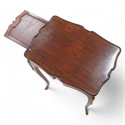 Mid-to-late 20th century French mahogany side table, shaped form with lipped top, single end drawer and opposing slide, on gilt metal mounted cabriole supports 