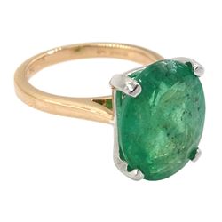 18ct rose gold and platinum single stone oval cut emerald ring, hallmarked, emerald approx 6.60 carat