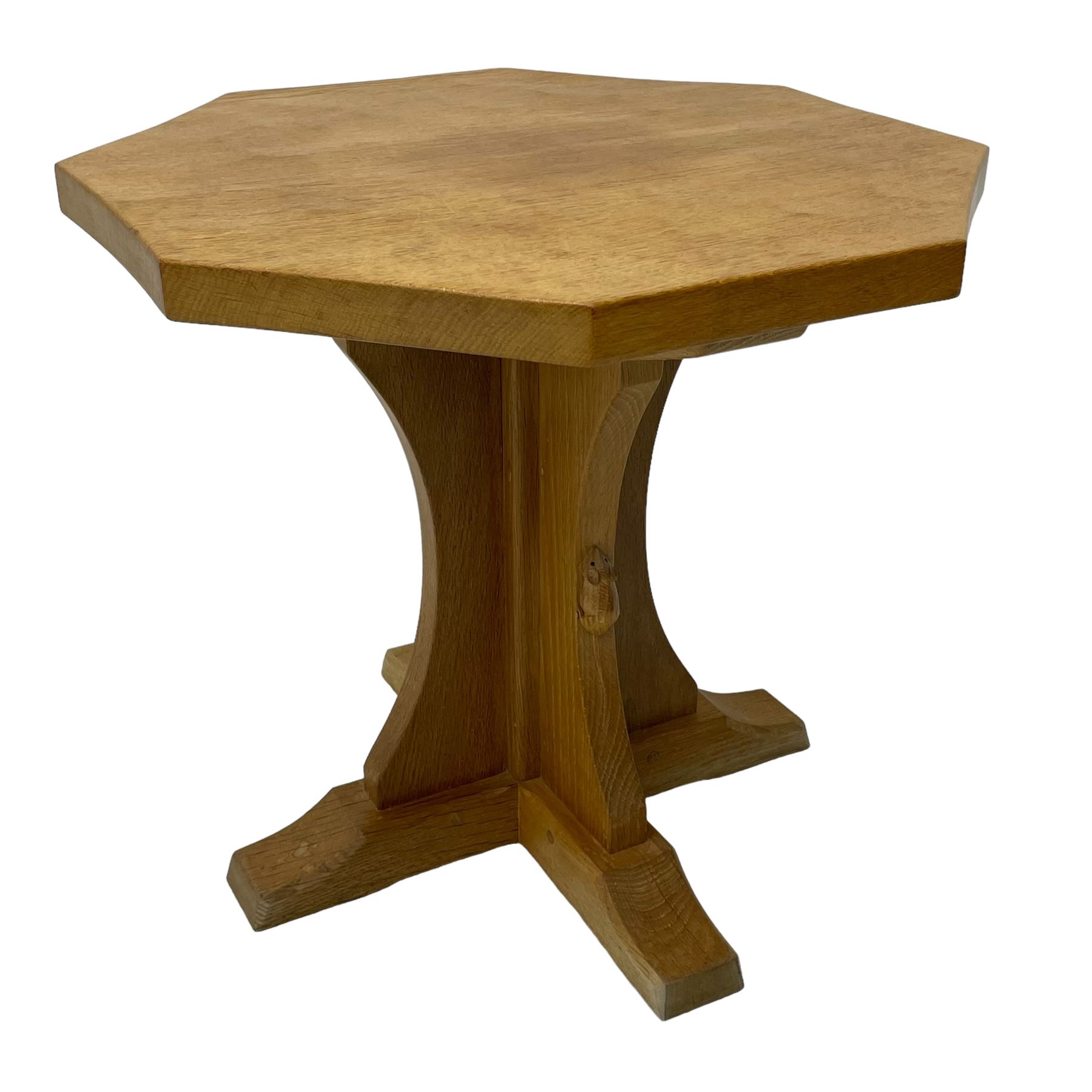 Mouseman - oak occasional table, octagonal adzed top, cruciform pedestal on sledge feet, carved with mouse signature, by the workshop of Robert Thompson, Kilburn 