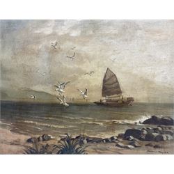 Francis Tsoy (Chinese 20th Century): Junk Boat and Seagulls, oil on canvas signed 40cm x 49cm 