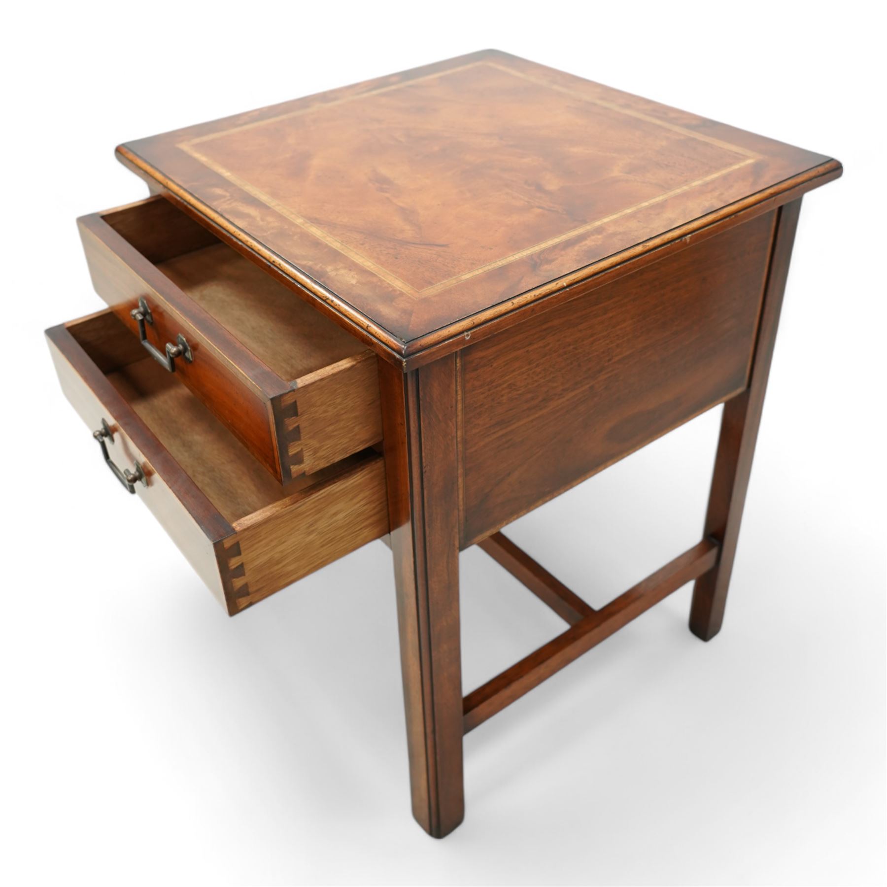 Georgian design mahogany bedside lamp table, square moulded top over two drawers, on square moulded supports united by H stretchers 