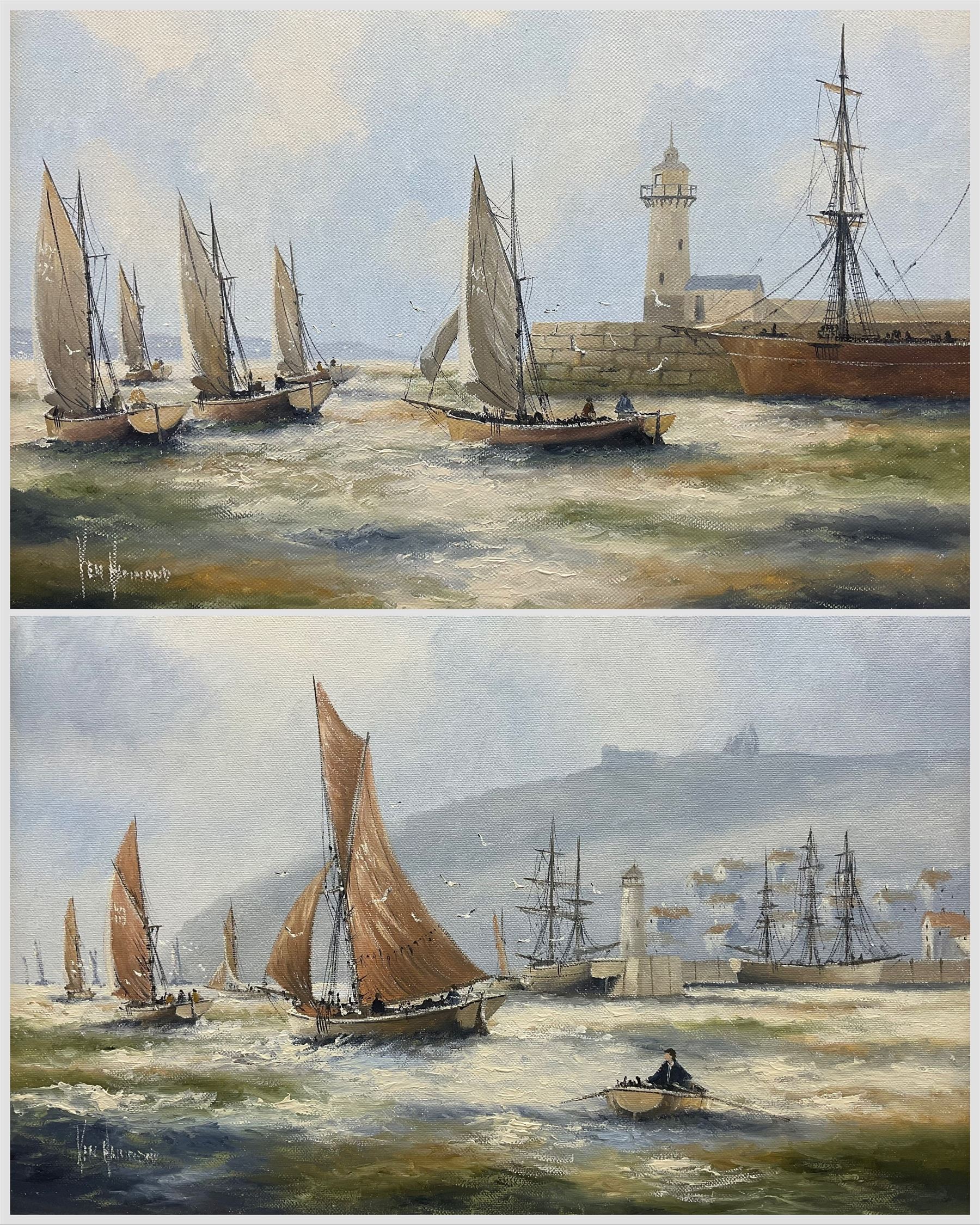 Ken Hammond (British 1948-): 'Fishing Fleet at Newlyn' and 'Fishing Fleet Leaving Whitby', pair oils on canvas signed, titled verso 29cm x 39cm (2)