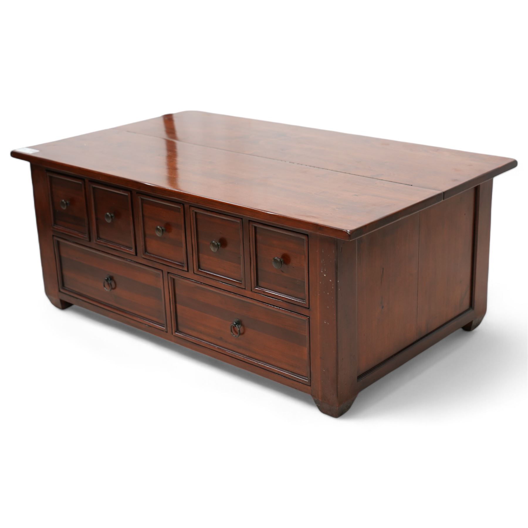 Hardwood rectangular coffee table, hinged top enclosing storage space, fitted with seven drawers 