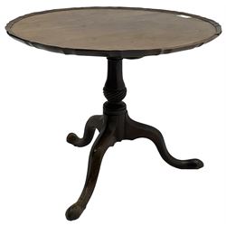 George III mahogany tripod table, circular moulded pie-crust tilt-top, on turned and twist carved pedestal, three splayed supports with pointed feet 