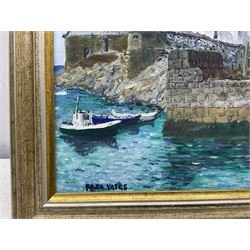 After Fred Yates (British 1922-2008) : ‘Porthleven - Cornwall’, oil on canvas signed, titled and dated 1974 verso 24cm x 37cm 